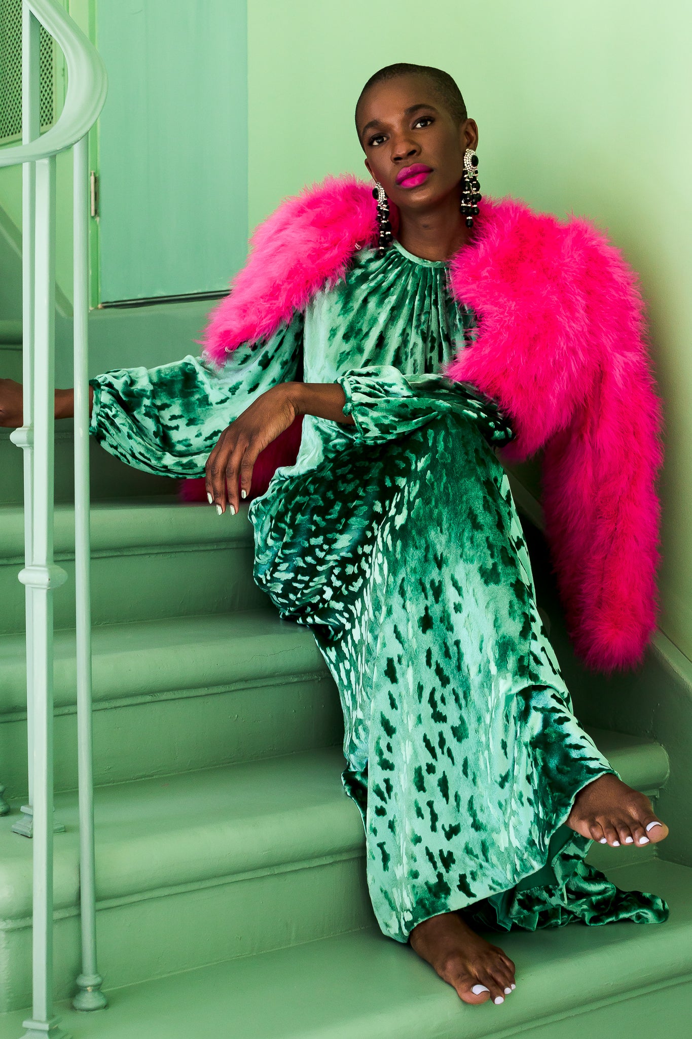 Monica Ahanonu in Vintage Oscar de la Renta Silk Velvet Balloon Sleeve Gown at Recess LA