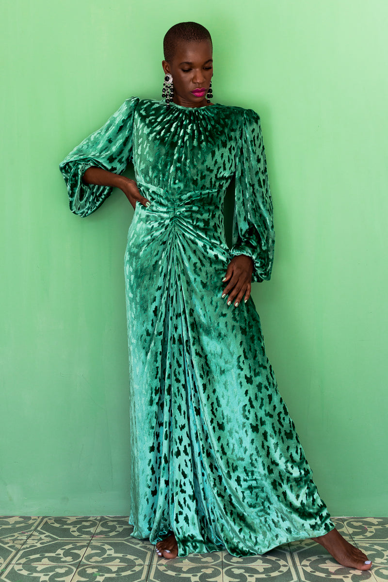 Monica Ahanonu in Vintage Oscar de la Renta Silk Velvet Balloon Sleeve Gown at Recess LA