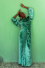 Monica Ahanonu in Vintage Oscar de la Renta Silk Velvet Balloon Sleeve Gown at Recess LA