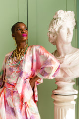 Monica Ahanonu in Vintage Emanuel Ungaro Parallèle Floral Silk 3-Pc Leisure Set at Recess LA