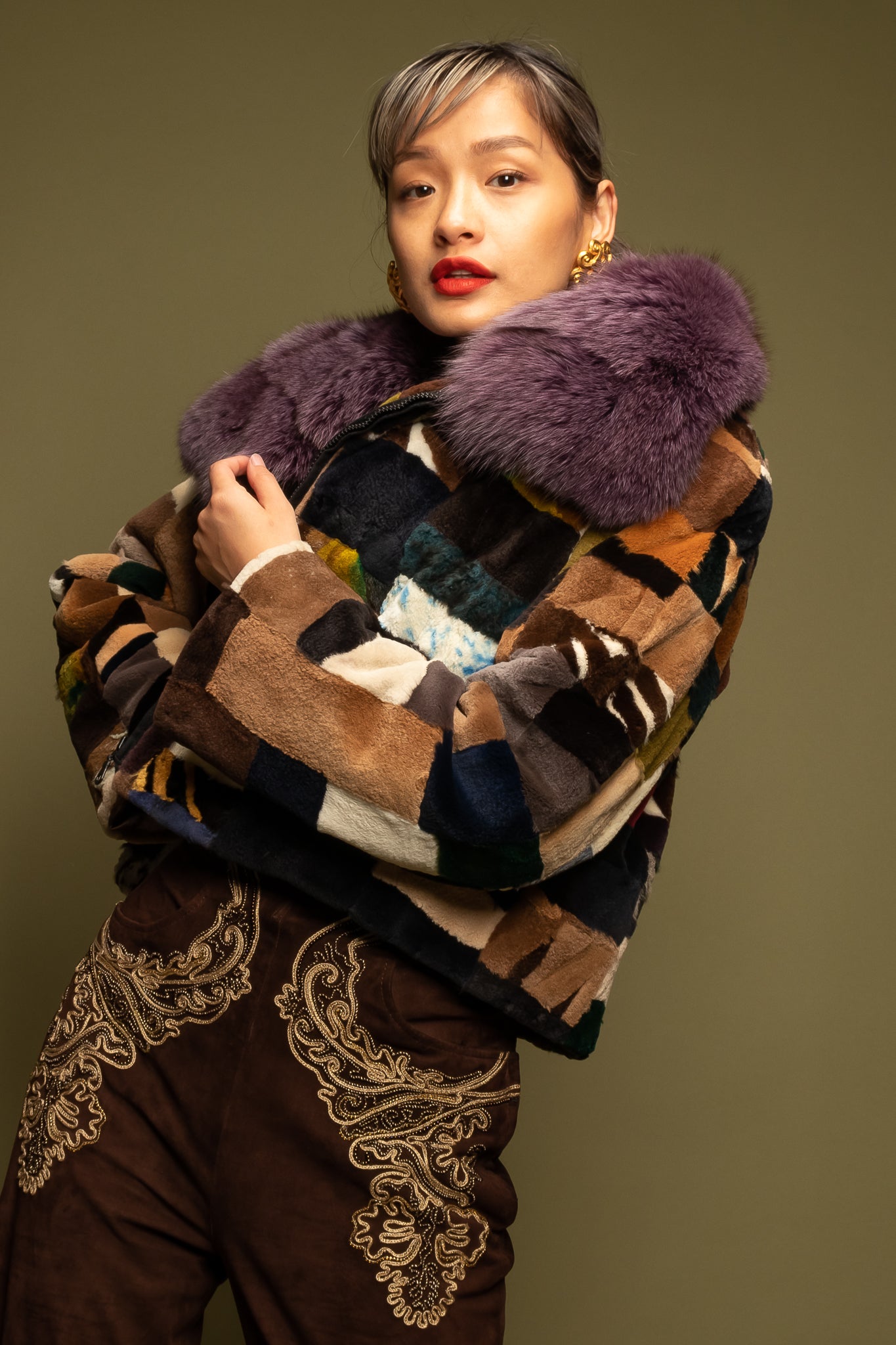 girl in Vintage Moda Martani Patchwork Fur Collar Jacket on green at Recess Los Angeles