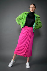 Girl in Vintage Sin by Morgan Cooper Lime Faux Fur Collar Jacket and Neon Pink Skirt at Recess LA