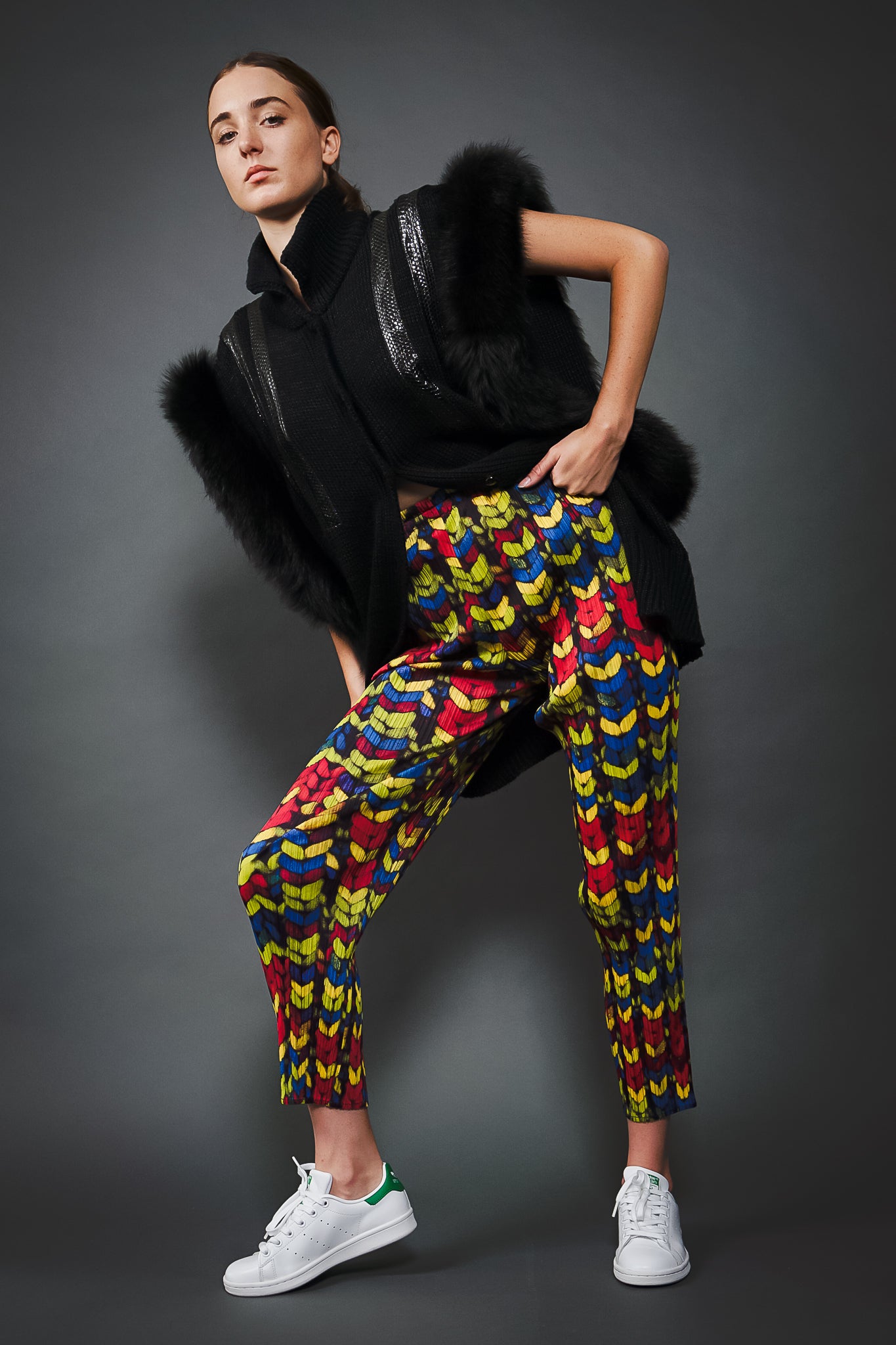 Girl in Vintage Issey Miyake Pleats Please RGB Yarn Print Pleated Pant & black vest at Recess LA