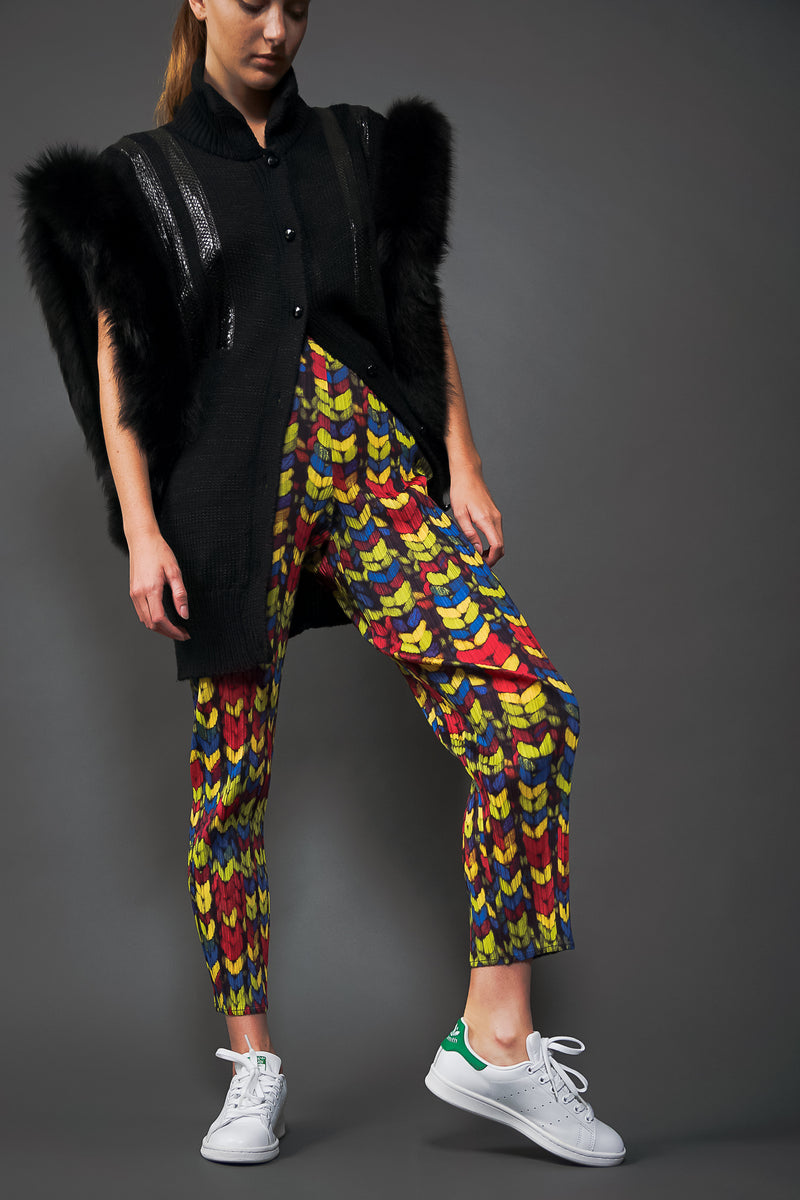 Girl in Vintage Issey Miyake Pleats Please RGB Yarn Print Pleated Pant & black vest at Recess LA