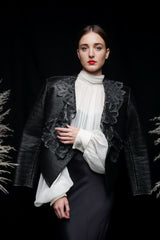 Girl wearing Vintage Gianfranco Ferre Quilted Leather Lace Jacket and chiffon blouse at Recess LA