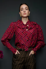 Girl wearing Vintage YSL Yves Saint Laurent Plaid Ruffle Bow Blouse and fend pant at Recess LA