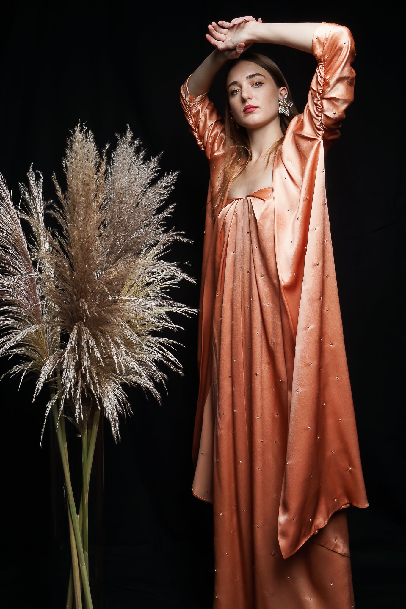 Girl in Vintage Holly's Harp Peach Satin Duster & Dress Set with willows at Recess Los Angeles