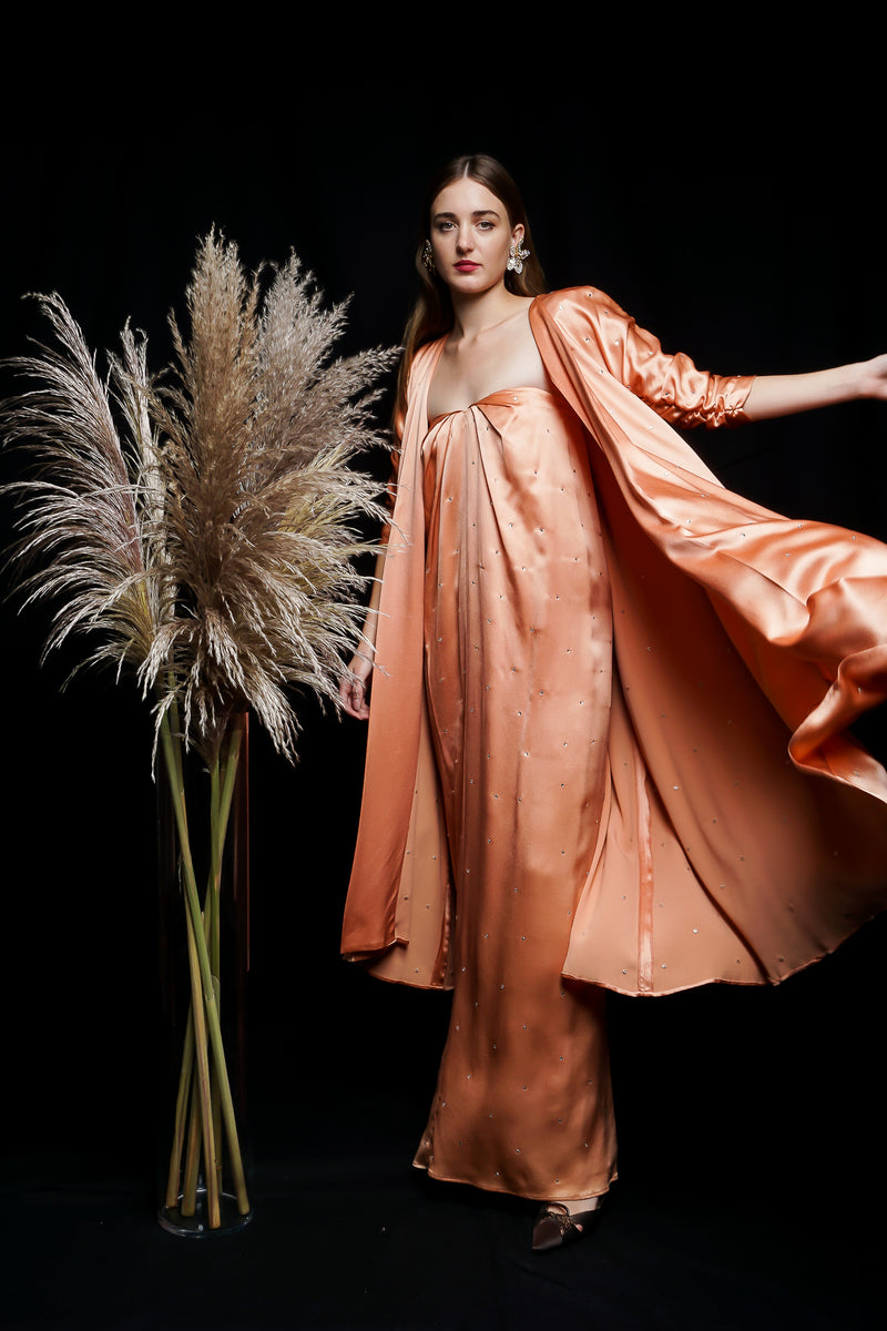 Girl in Vintage Holly's Harp Peach Satin Duster & Dress Set with willows at Recess Los Angeles