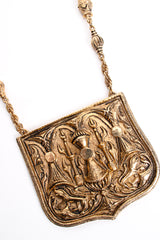 Vintage Accessocraft Brass Gothic Relief Plate Necklace detail at Recess Los Angeles