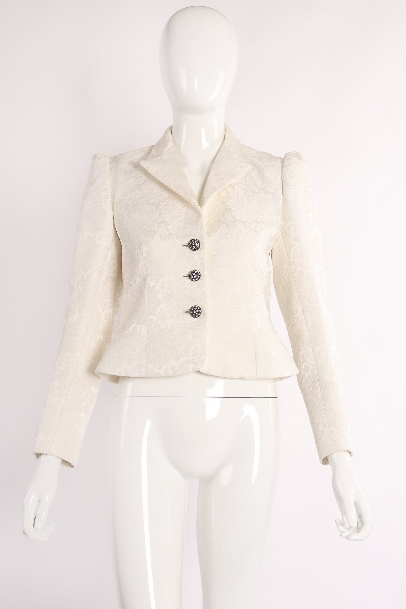 Vintage Adolfo Shrunken Brocade Bridal Wedding Jacket on Mannequin front at Recess Los Angeles