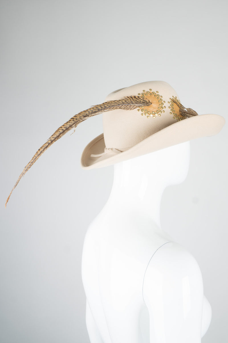 Adolfo II Wool Felt Studded Pierced Feather Hat