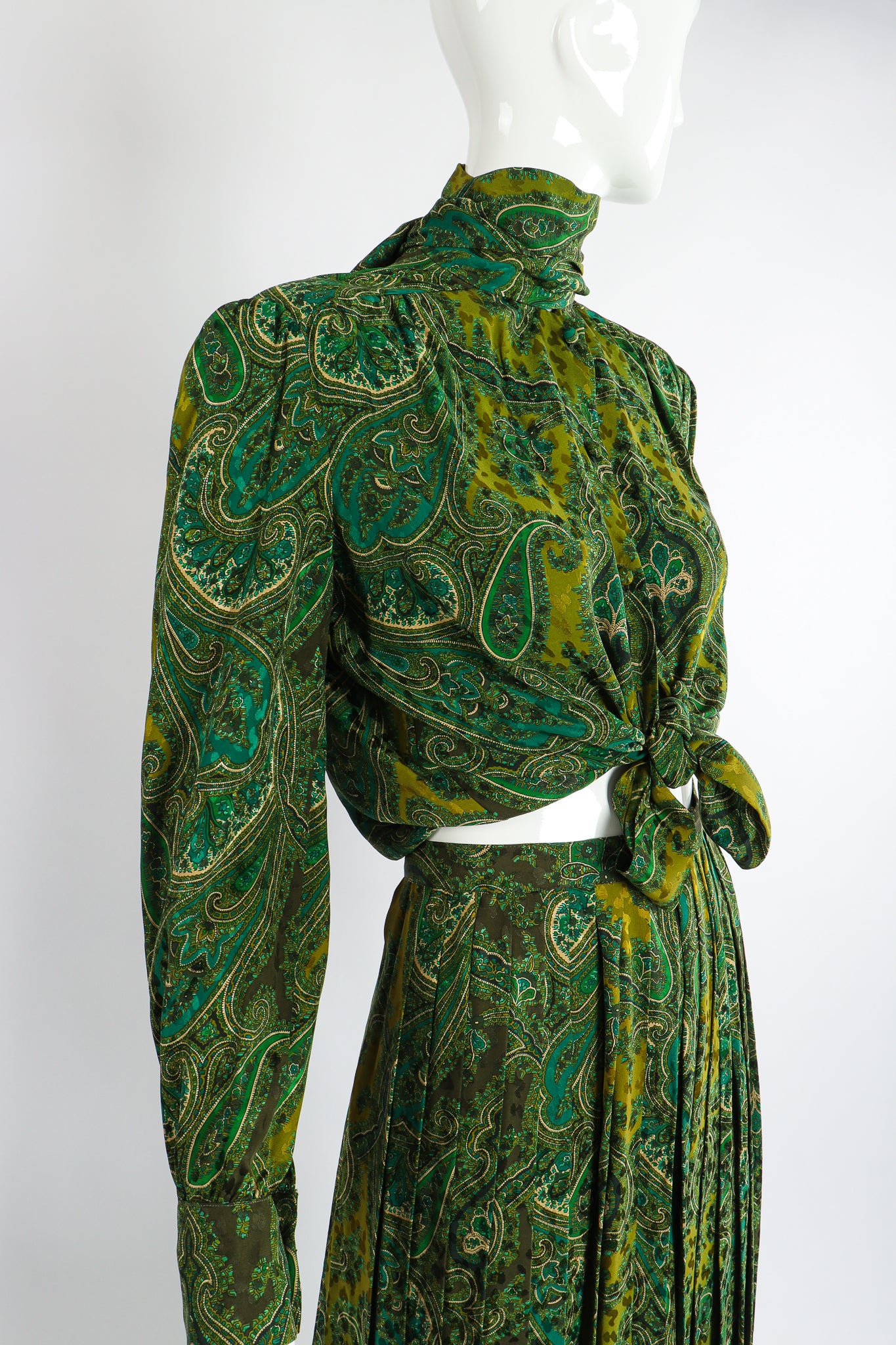 Vintage Adolfo Green Paisley Palazzo Pant Set on Mannequin crop tie at Recess Los Angeles