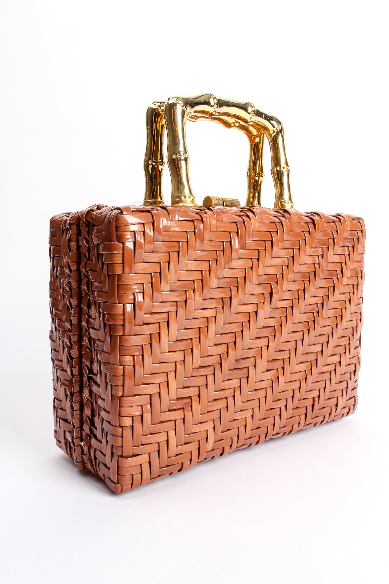 Vintage Plastic Herringbone Wicker Box Bag angle at Recess Los Angeles