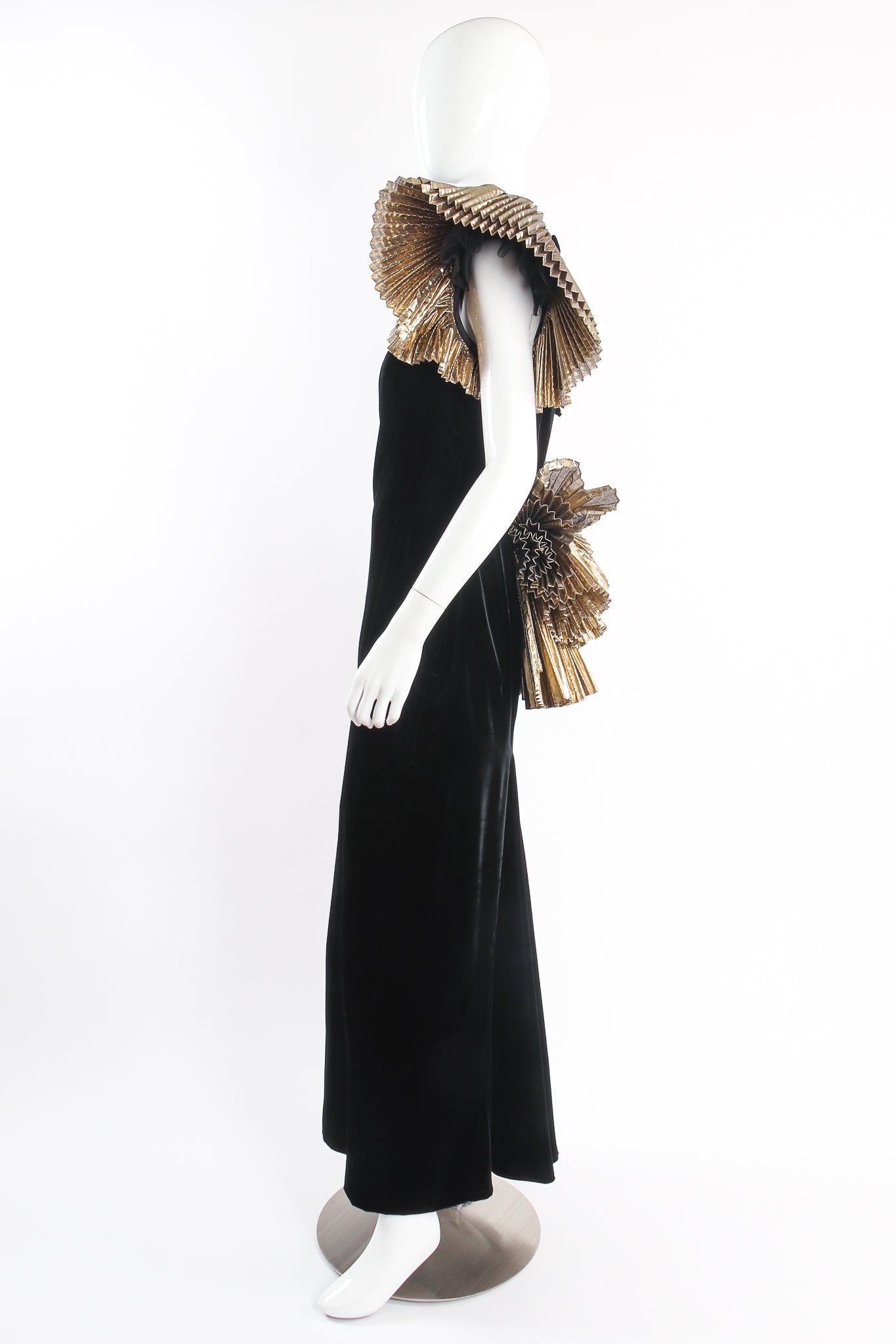 Vintage After Five Saks Lamé Ruffle Velvet Mermaid Gown on mannequin side at Recess Los Angeles