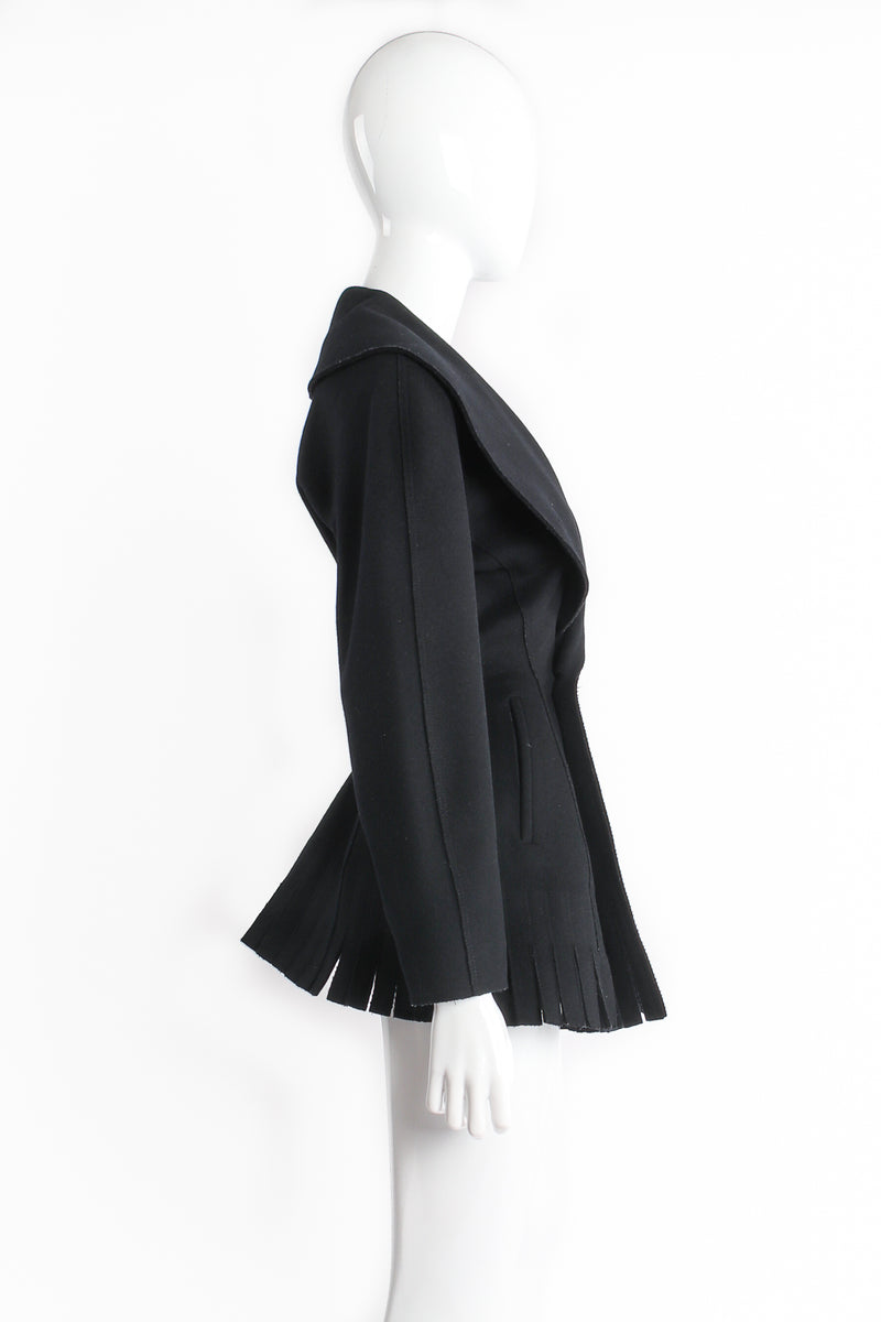 Vintage Alaïa Shawl Collar Wool Carwash Peplum Jacket on mannequin side at Recess Los Angeles