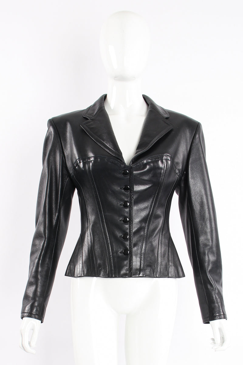 Vintage Alaia Leather Bustier Corset Jacket on Mannequin front at Recess Los Angeles