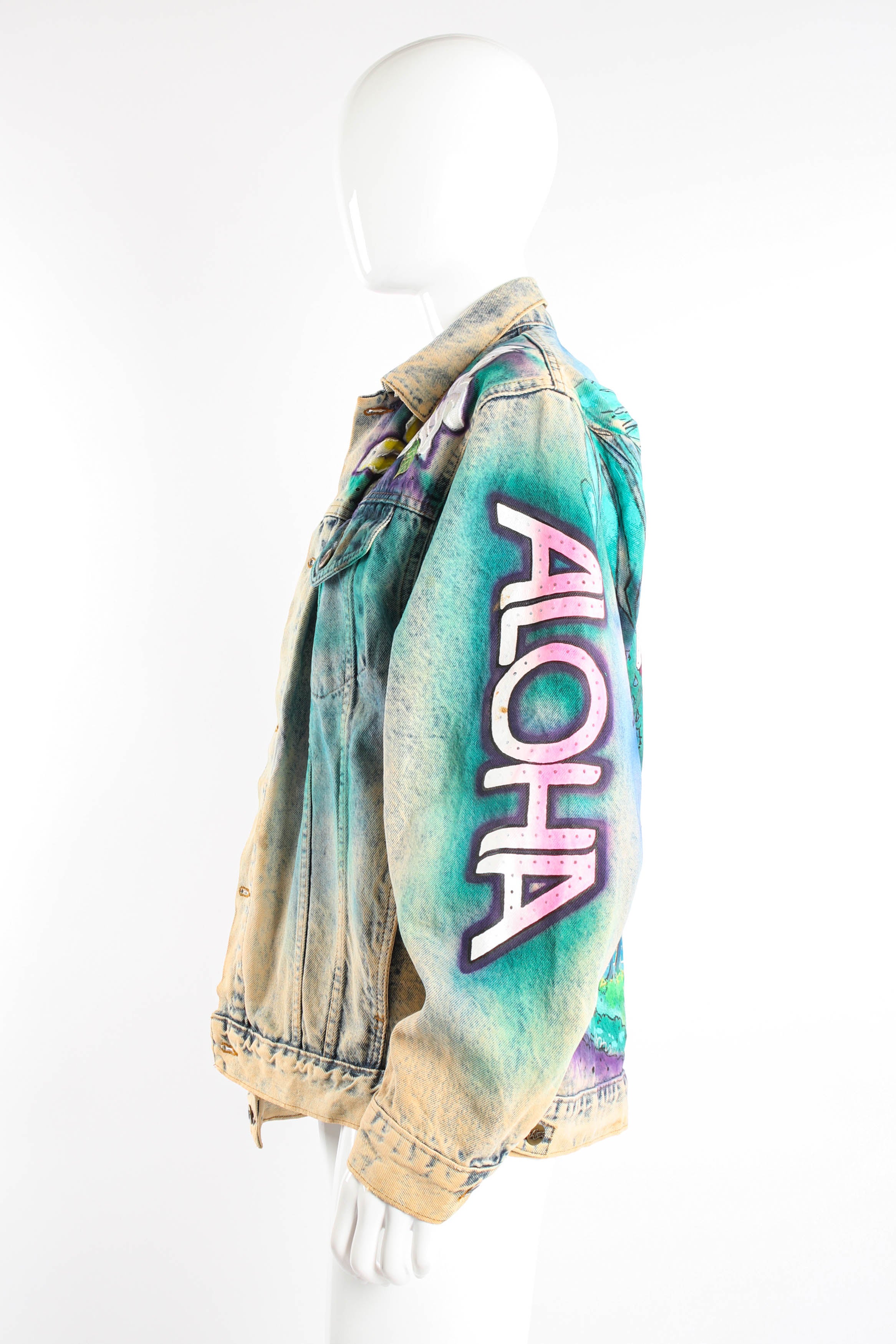 Vintage Tony Alamo Hawaii Waikiki Beach Jacket on mannequin at Recess Los Angeles (ALOHA sleeve)