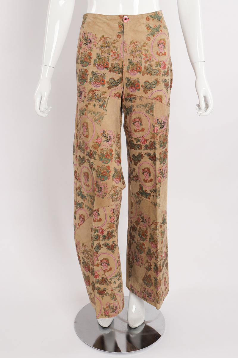 Vintage Alan Austin Portrait Printed Suede Pant on Mannequin front at Recess Los Angeles