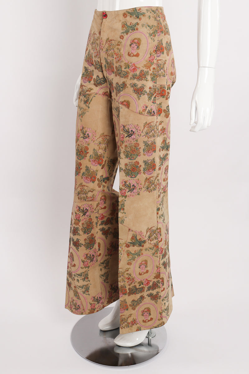 Vintage Alan Austin Portrait Printed Suede Pant on Mannequin angle at Recess Los Angeles