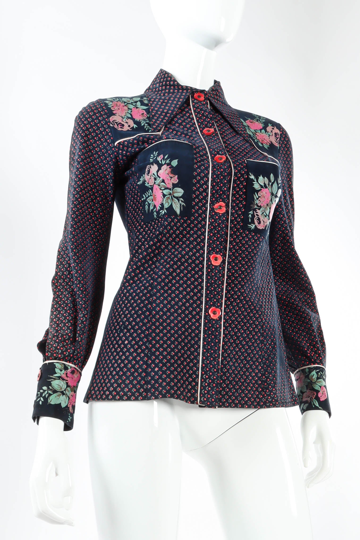 Vintage Alan Austin Rose Floral Leather Blouse mannequin angle @ Recess LA