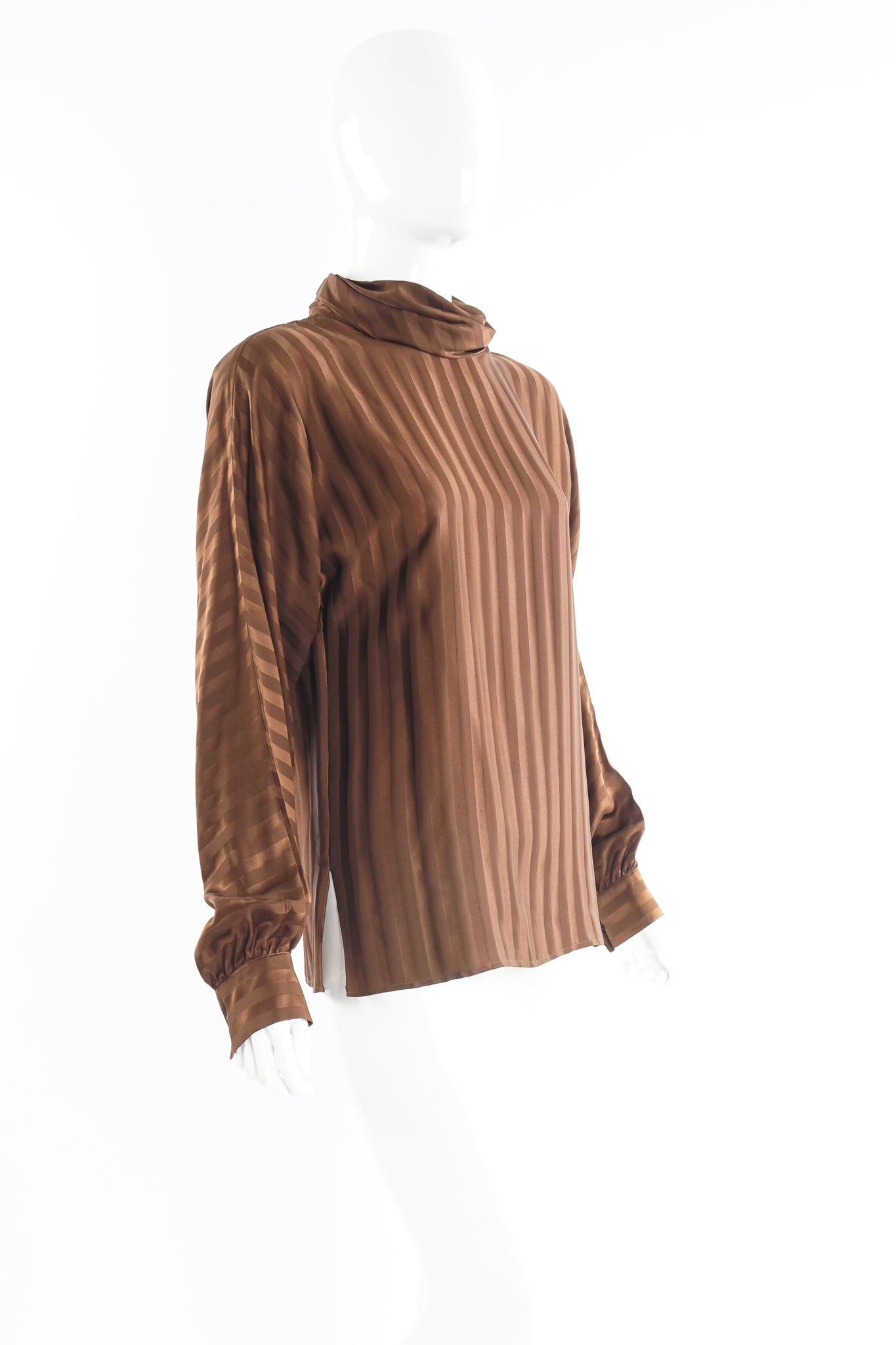 Vintage Alan Austin Chocolate Silk Stripe Blouse on Mannequin angle at Recess Los Angeles