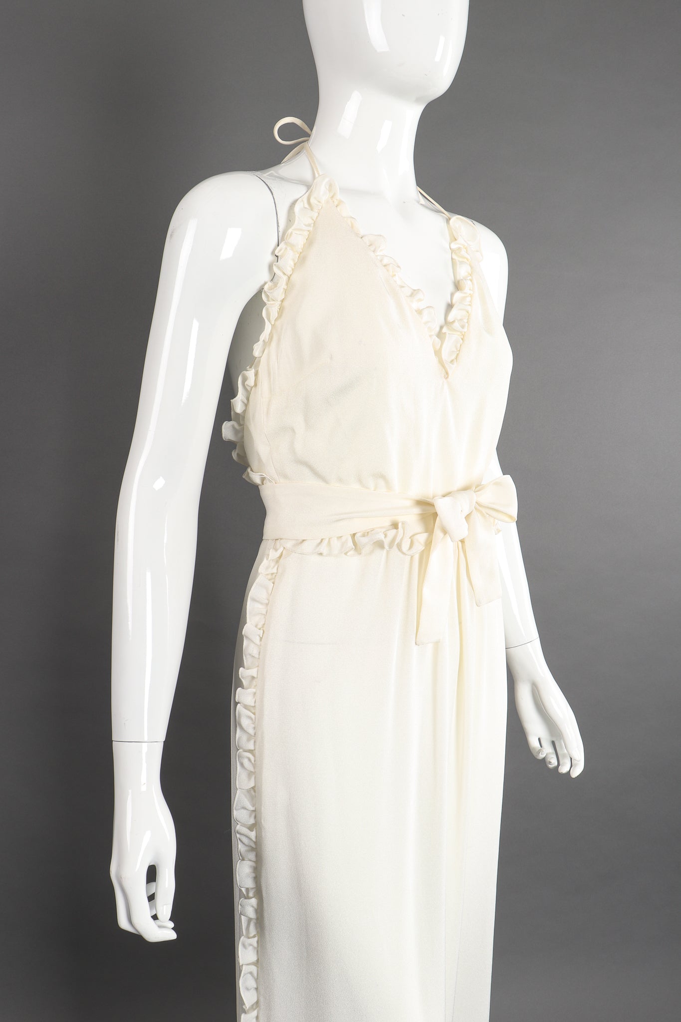 Vintage Albert Capraro Ruffle Wrap Halter Dress Bridal Wedding on Mannequin angle crop at Recess LA