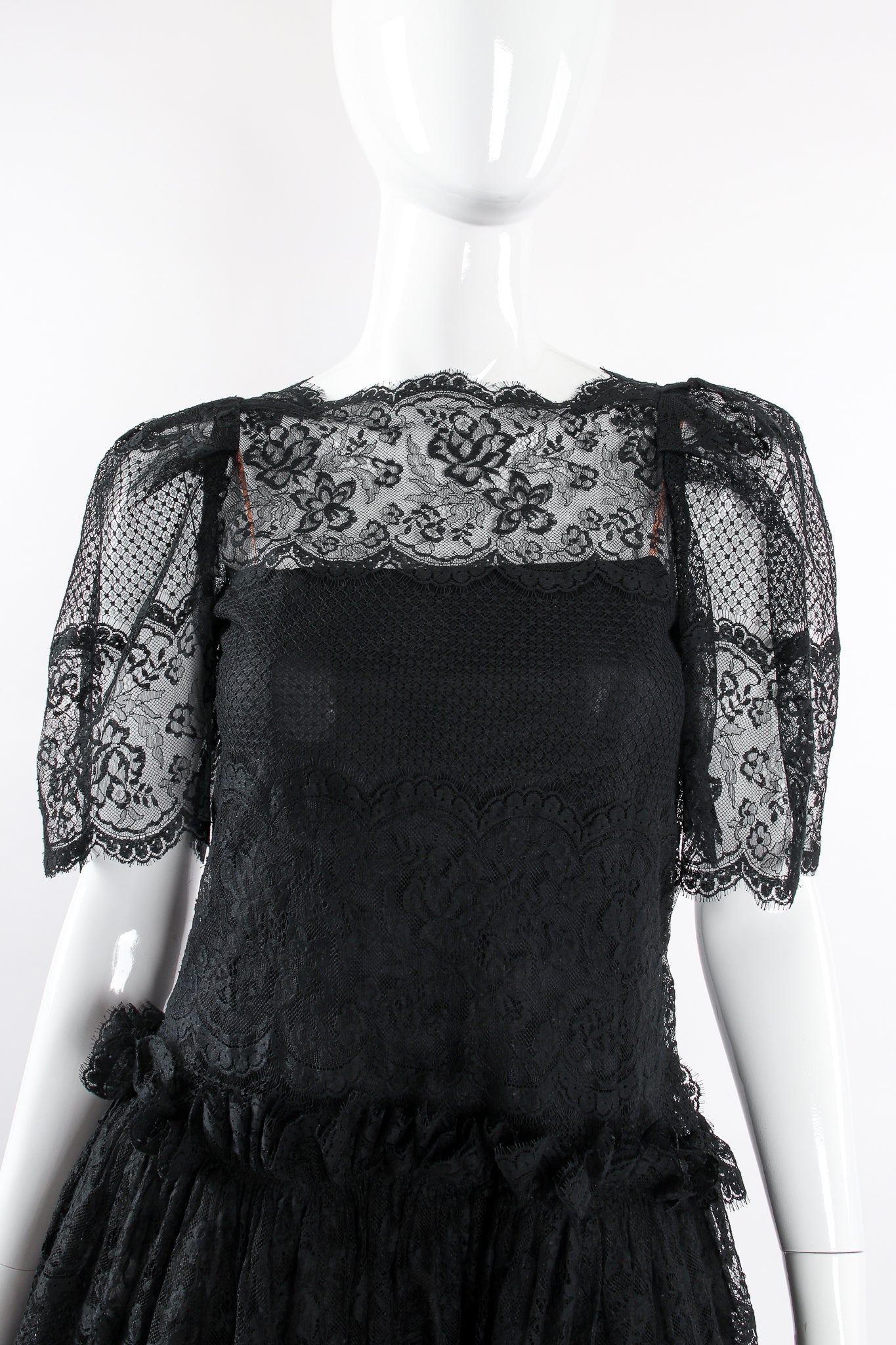 Vintage Albert Nipon Chantilly Lace Peasant Dress on Mannequin neckline at Recess Los Angeles