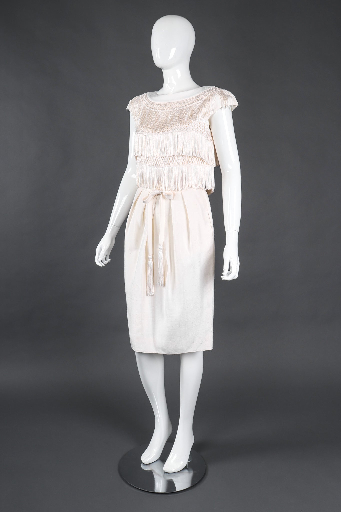 Recess Los Angeles Vintage Albert Nipon Raw Silk Fringed Bateau Cocktail Wedding Bridal Dress