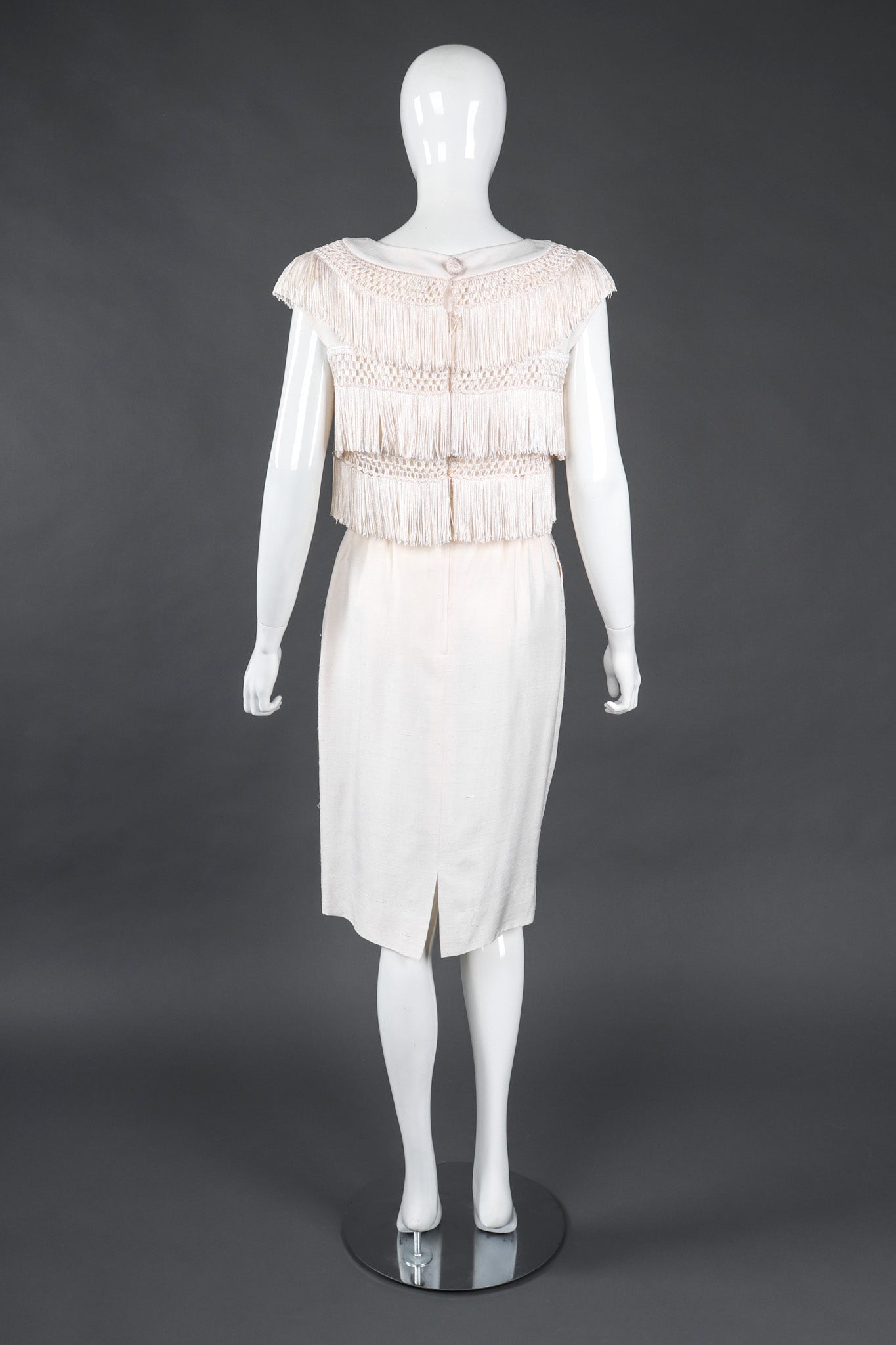 Recess Los Angeles Vintage Albert Nipon Raw Silk Fringed Bateau Cocktail Wedding Bridal Dress