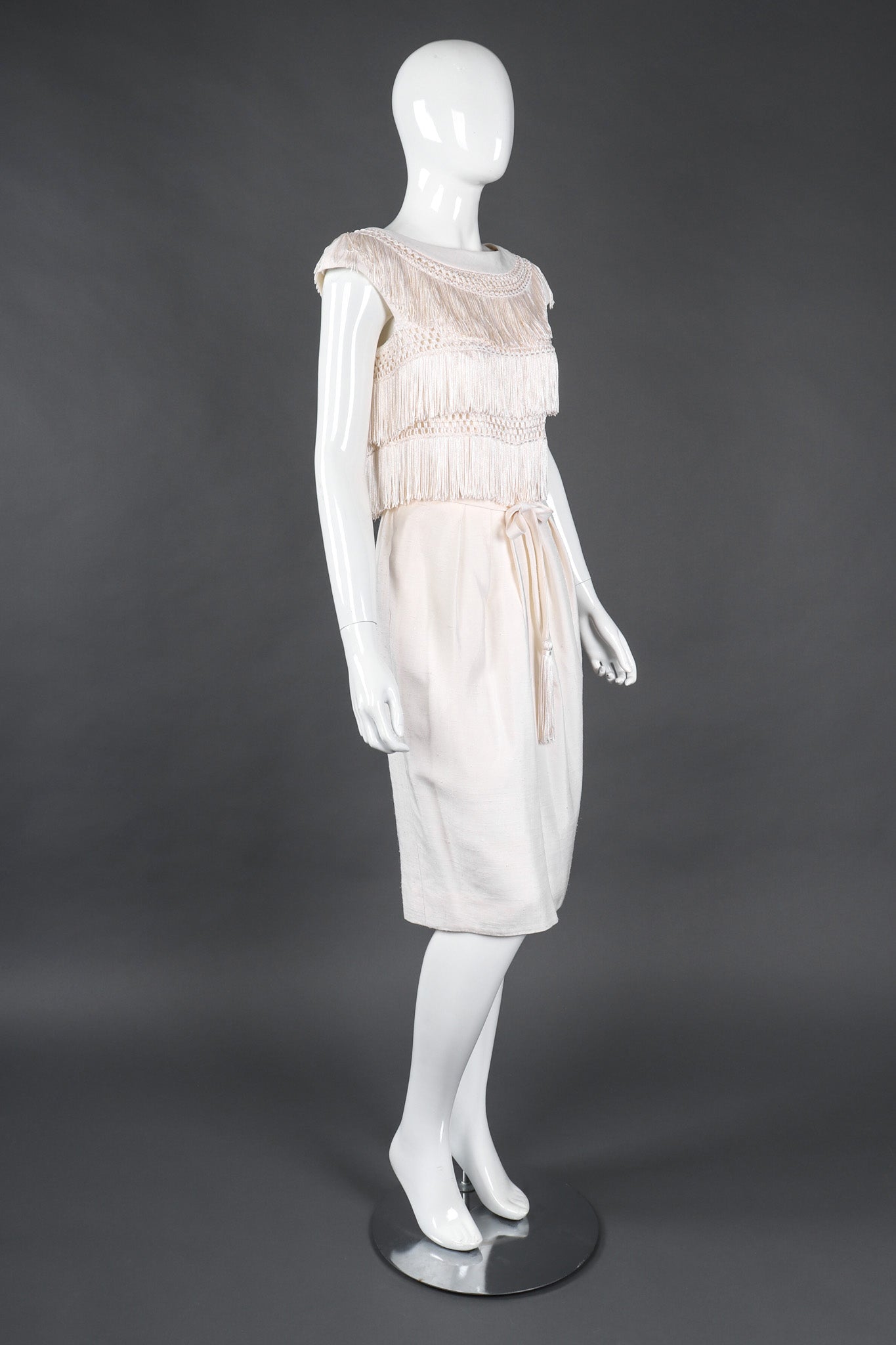 Recess Los Angeles Vintage Albert Nipon Raw Silk Fringed Bateau Cocktail Wedding Bridal Dress