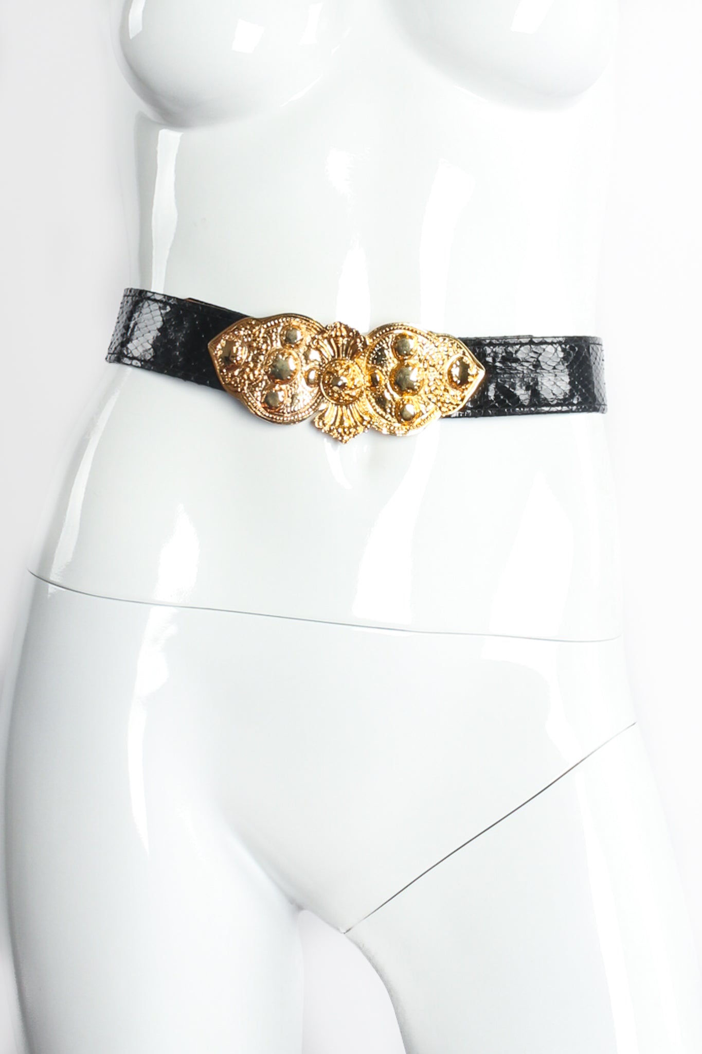 Vintage Alexis Kirk Byzantine Buckle Snakeskin Belt on mannequin at Recess Los Angeles