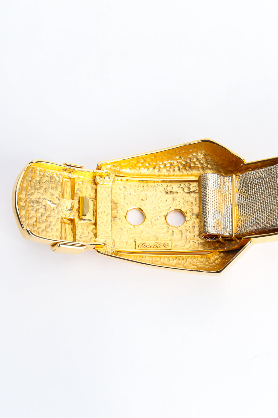 Gold coated snakeskin leather with large gold metal faux buckle by Alexis Kirk inside of buckle @recessla