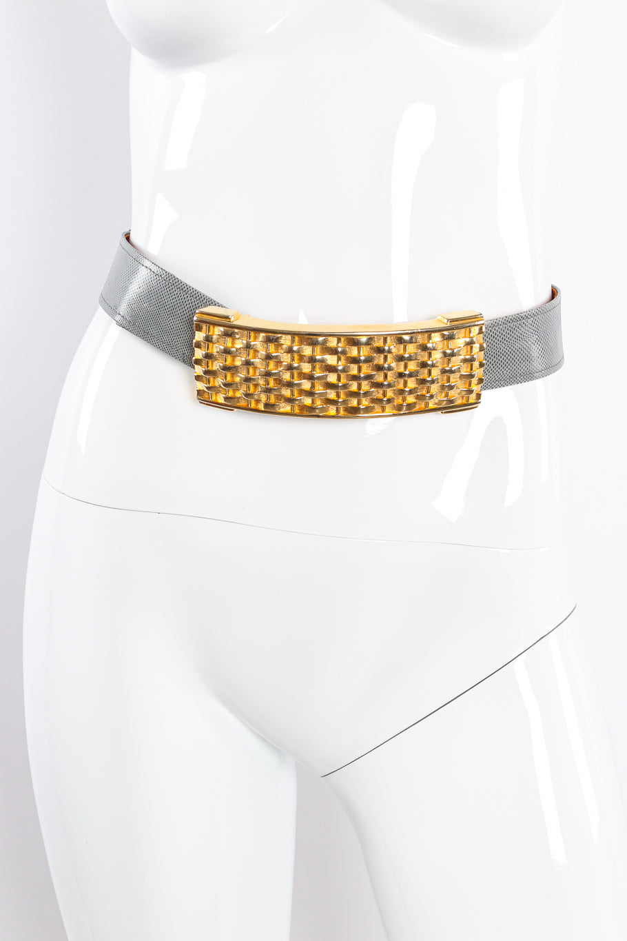 Grey lizard belt with textured gold basket weave buckle by Alexis Kirk on mannequin @recessla