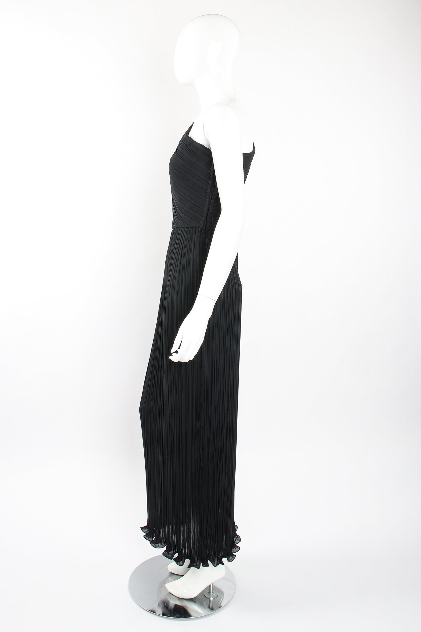 Vintage Alfred Bosand Asymmetrical Pleated Sleeve Gown on Mannequin side at Recess Los Angeles