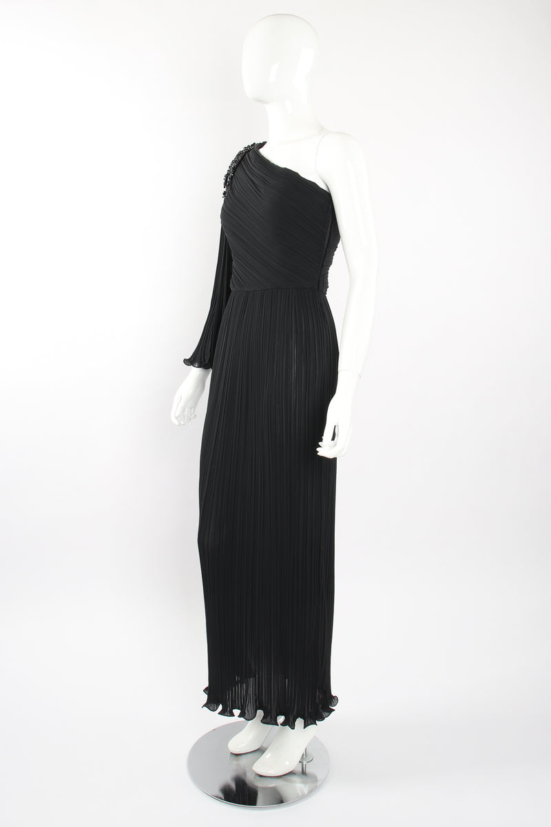 Vintage Alfred Bosand Asymmetrical Pleated Sleeve Gown on Mannequin angle at Recess Los Angeles