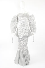 Vintage Angela B'Nai Crinkled Lamé Strapless Ruffle Gown w/ Sleeves on Mannequin front at Recess LA