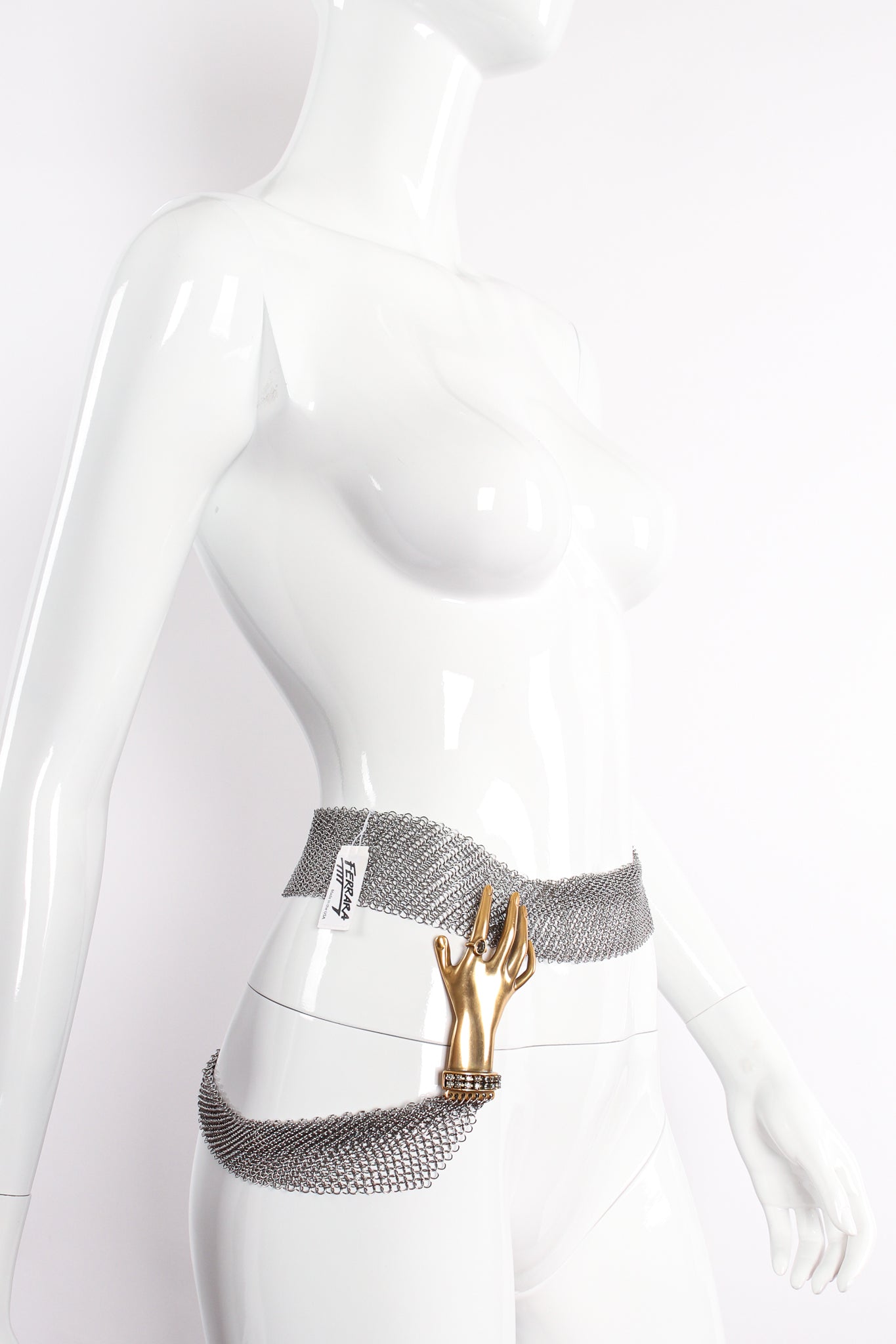 Vintage Anthony Ferrara Gold Hand Buckle Mesh Wrap Belt on mannequin side at Recess Los Angeles