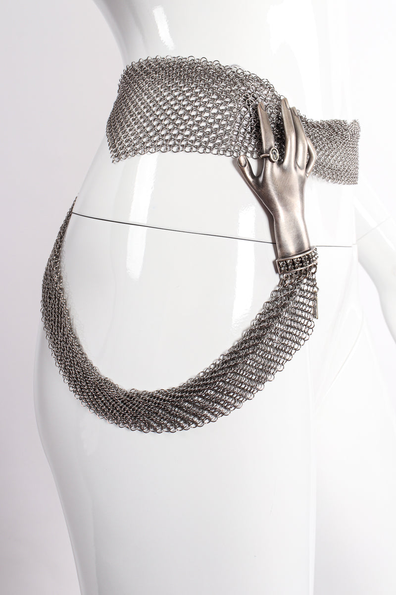 Vintage Anthony Ferrara Pewter Hand Buckle Mesh Wrap Belt on mannequin side at Recess Los Angeles