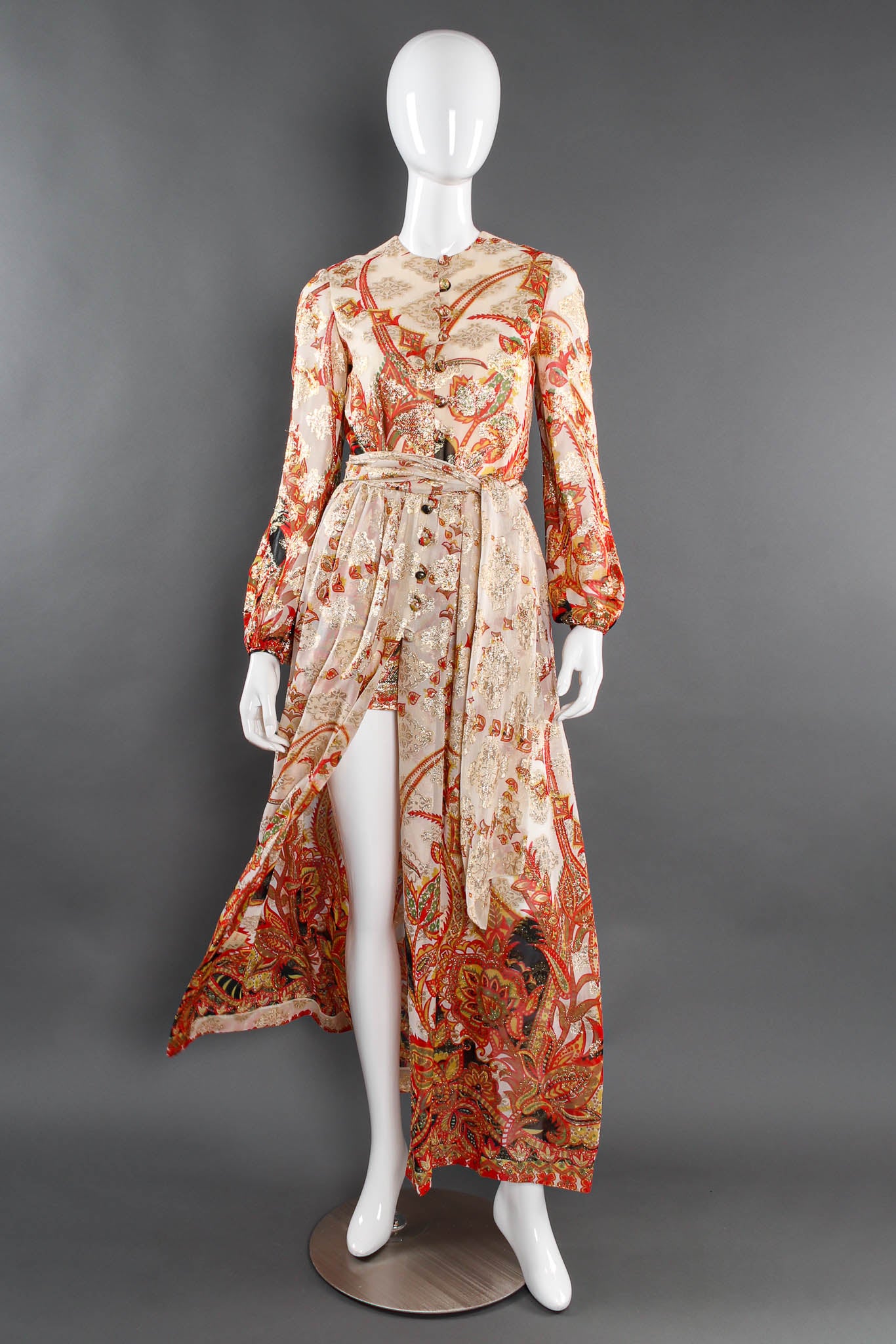 Vintage Anthony Muto Metallic Floral Romper & Skirt Set mannequin center slit front @ Recess Los Angeles