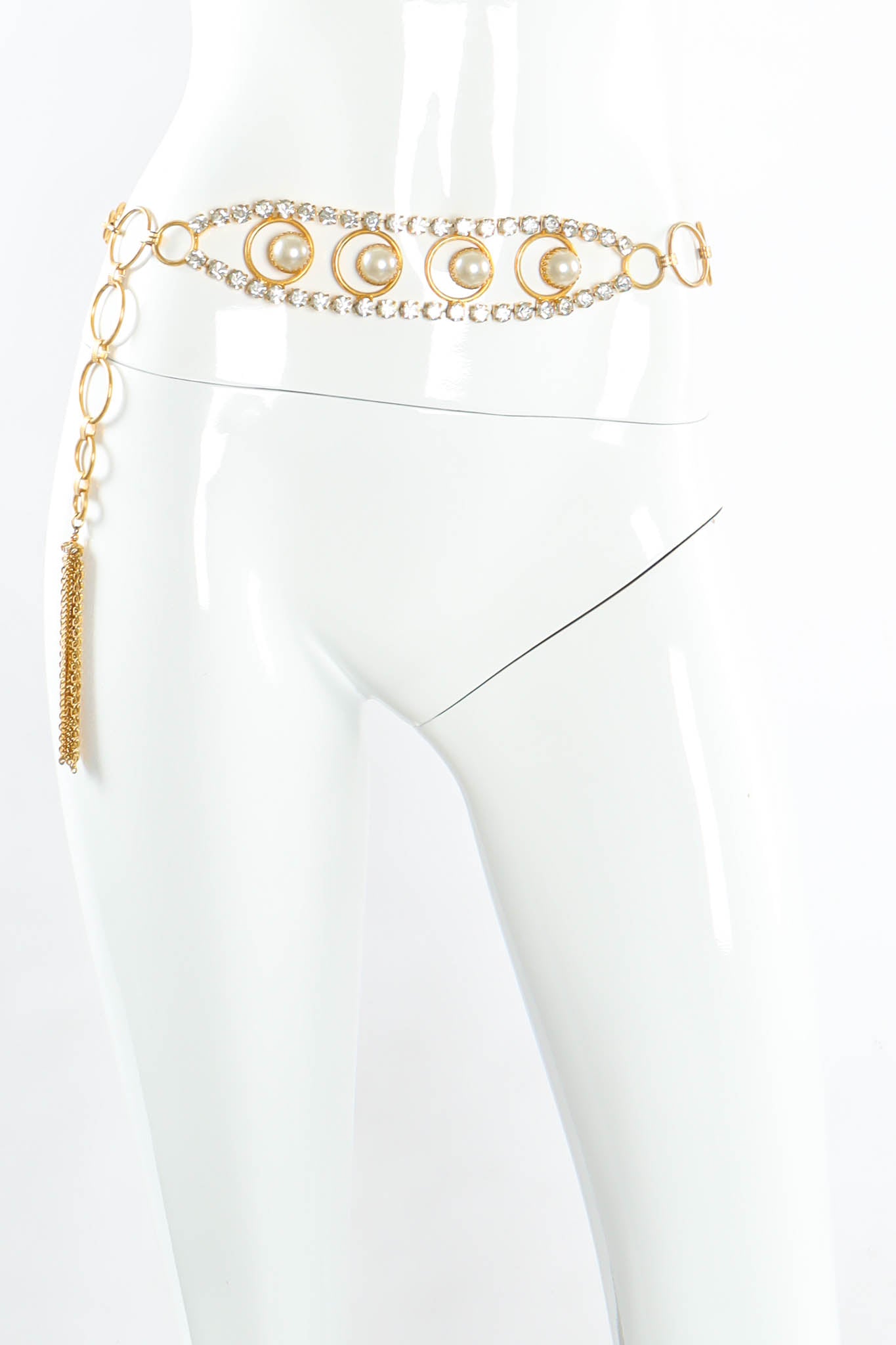 Vintage Apex Art Rhinestone Pearl Ring Link Belt mannequin waist front @ Recess Los Angeles