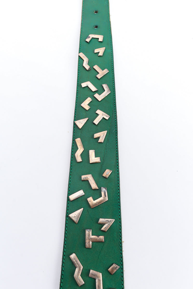 green leather belt  by Avion International close up of studs  @recessla