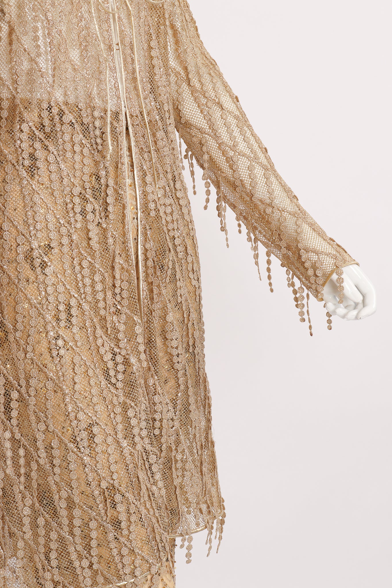 Vintage Badgley Mischka Gold Mesh Fringe Jacket & Sequin Pant Set sleeve detail at Recess LA