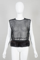 Bain's Las Vegas Vintage Fur Trim Jet Bead Mesh Shell Top Vest