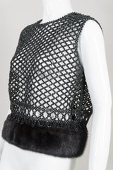 Bain's Las Vegas Vintage Fur Trim Jet Bead Mesh Shell Top Vest