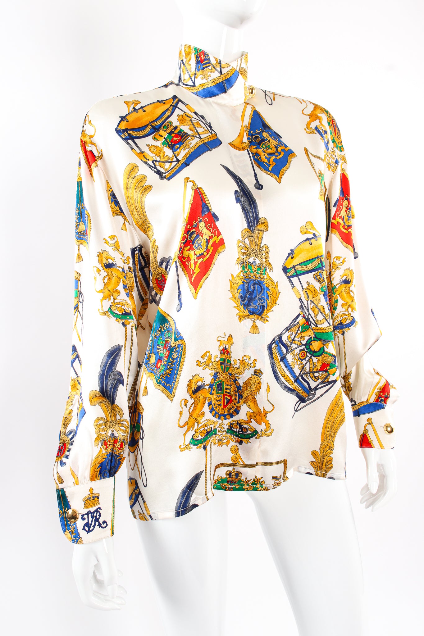 Vintage Escada Lion Crest Drum Print Blouse on Mannequin angle at Recess Los Angeles