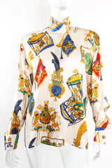 Vintage Escada Lion Crest Drum Print Blouse on Mannequin front at Recess Los Angeles