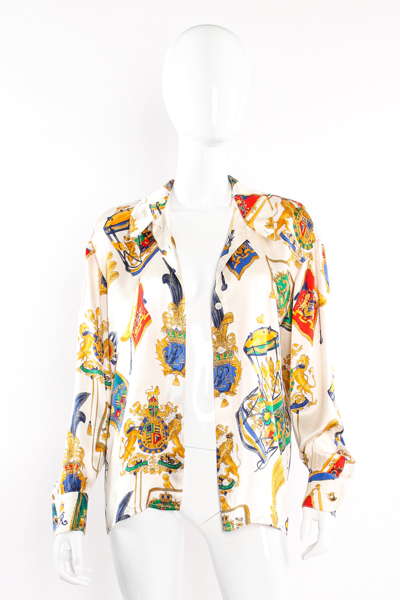 Vintage Escada Lion Crest Drum Print Blouse on Mannequin open at Recess Los Angeles