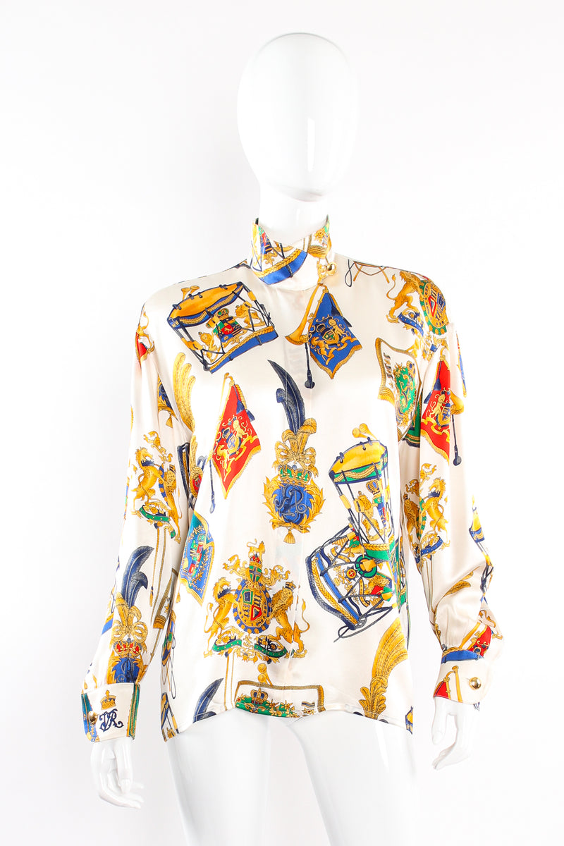 Vintage Escada Lion Crest Drum Print Blouse on Mannequin front at Recess Los Angeles