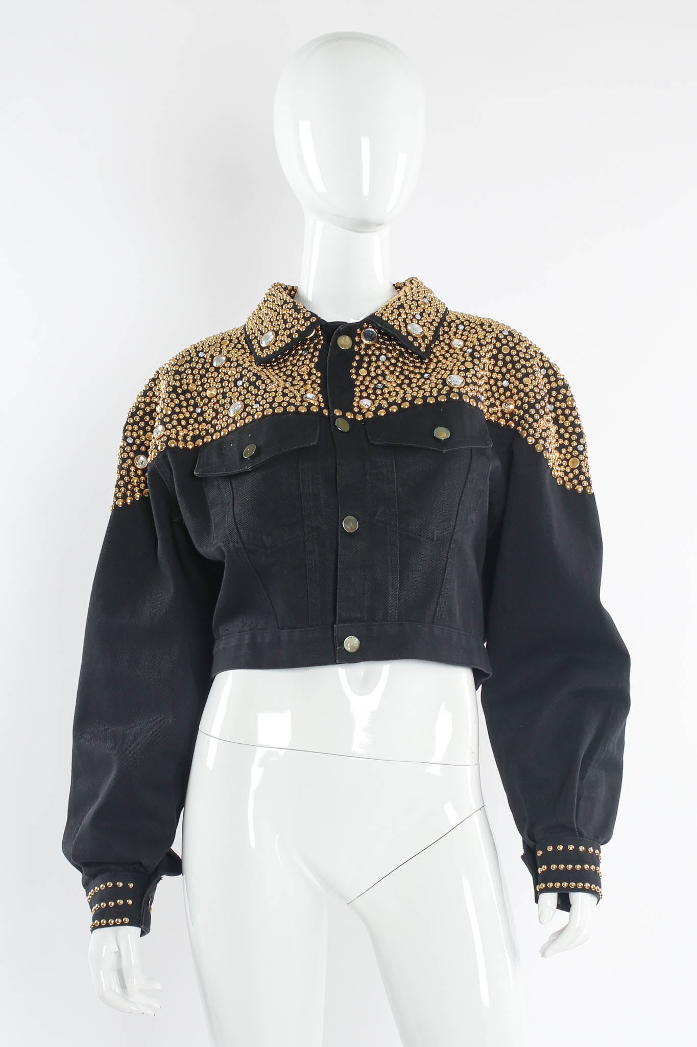 Vintage BeBe Studded Rhinestone Crop Denim Jacket mannequin front @ Recess LA