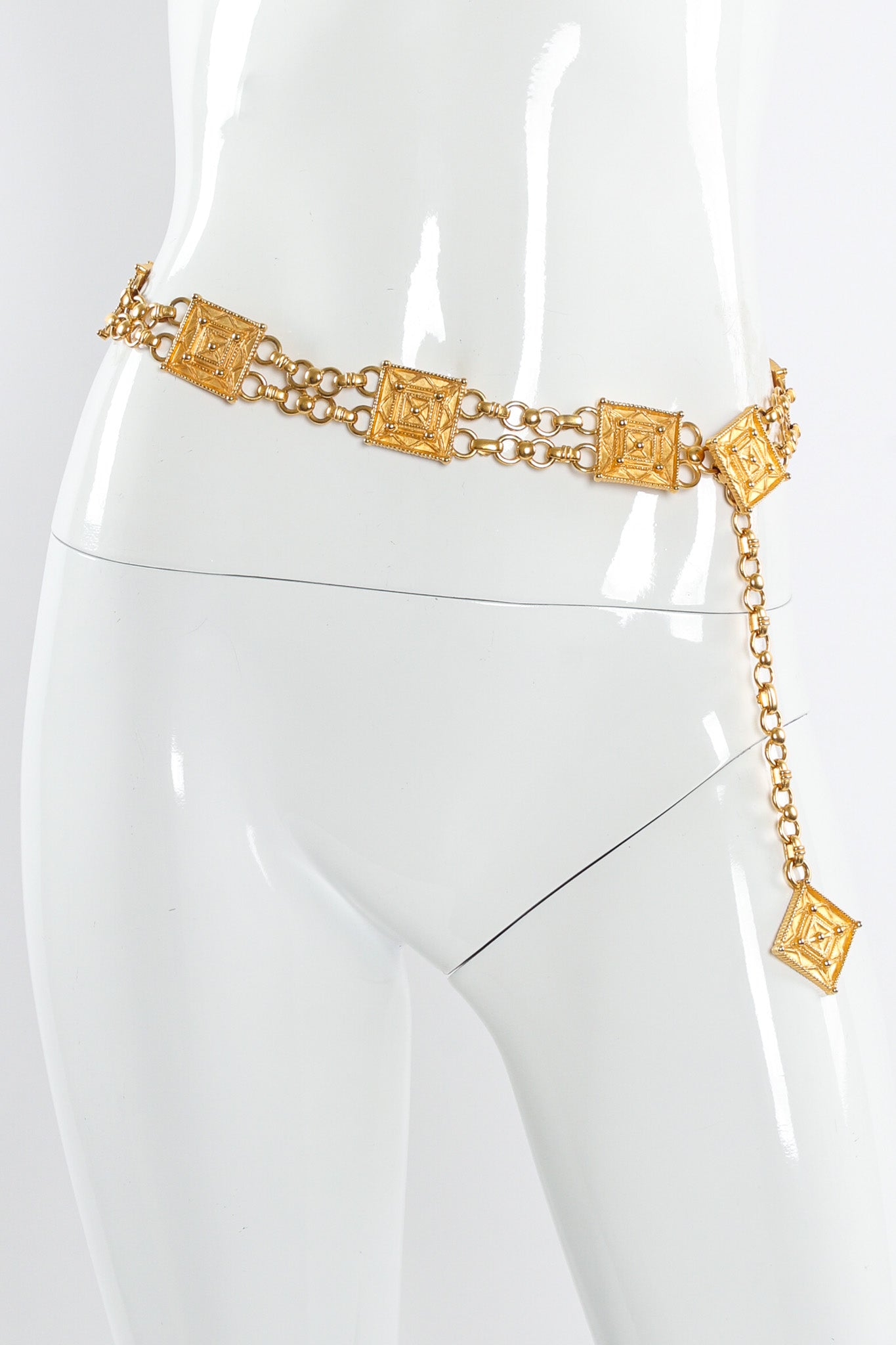 Vintage Ben Amun Square Emblem Chain Link Belt on mannequin at Recess LA